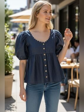 Kika Vargas Women’s Scalloped V-Neck Button Front Cotton Denim Top - Blue